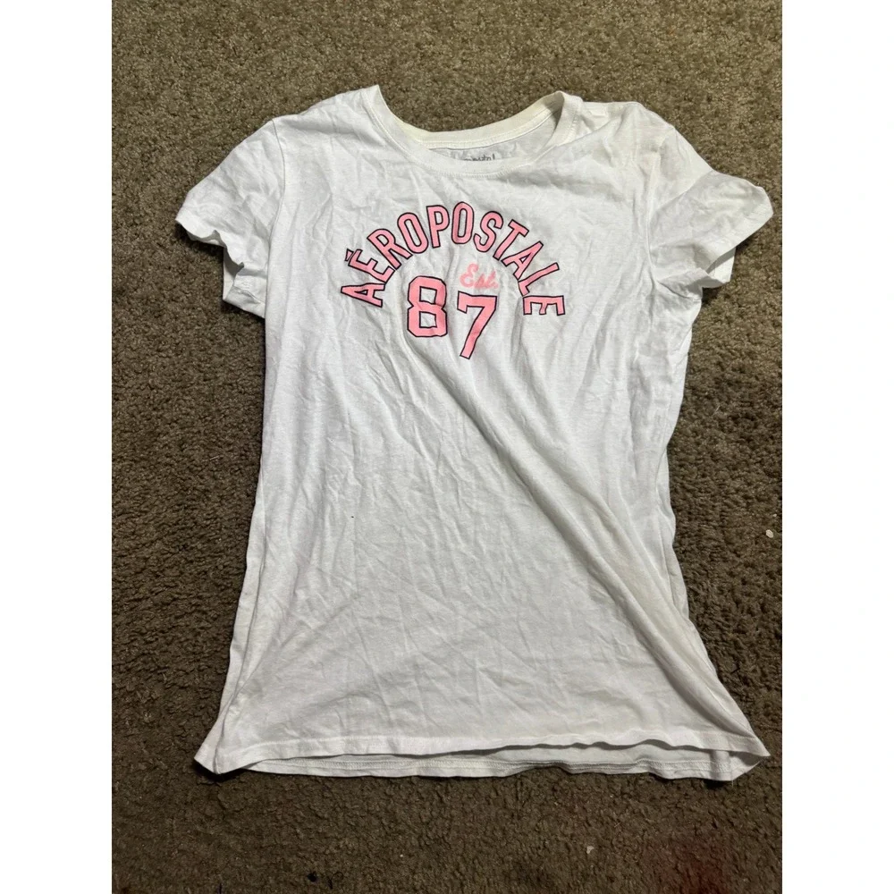 Aeropostale Womens White Graphic T-Shirt‎ Pink Logo 87 Est Varsity Tee Large